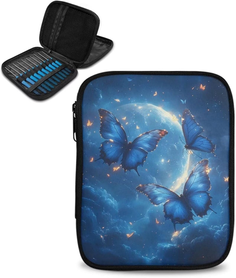 Xsehusvy Butterfly Moon Small Crochet Hook Case Portable Fabric Travel Storage Bag Lightweight Knitting Storage Bag with Web Pockets Waterproof Knitting Bag for Airport Park Office - Image 1